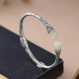 Vintage Pattern Silver Bracelet with Tian Jade Magnolia Temperament
