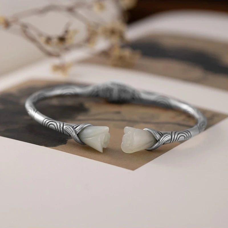Vintage Pattern Silver Bracelet with Tian Jade Magnolia Temperament