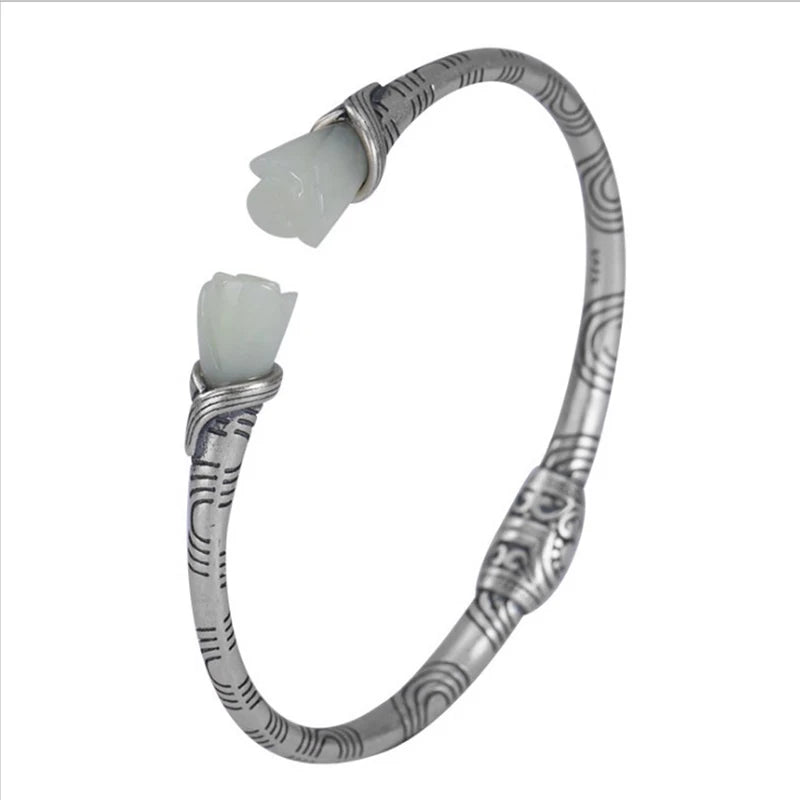 Vintage Pattern Silver Bracelet with Tian Jade Magnolia Temperament