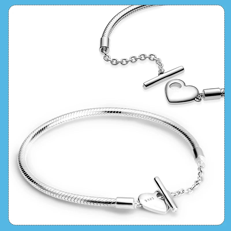 925 Silver Heart T-Bar Snake Chain Bracelet for Women