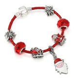 Red Leather Cord Charm Bracelet With Snowman Pendants