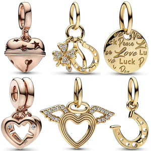925 Silver Bell Linked Hearts Angel Wings Clover Bead Charm