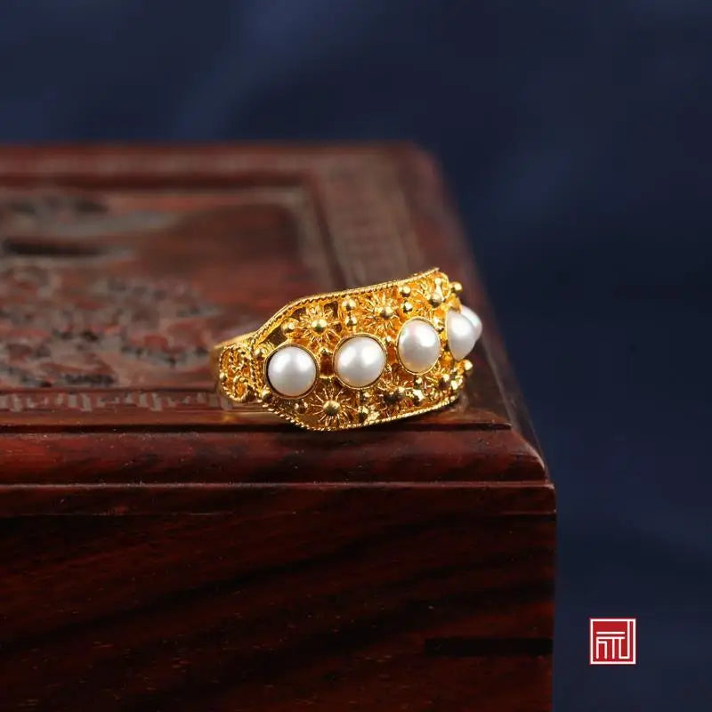 Vintage Court Pearl Jade Ring Opening Adjustable Minimalist Gift
