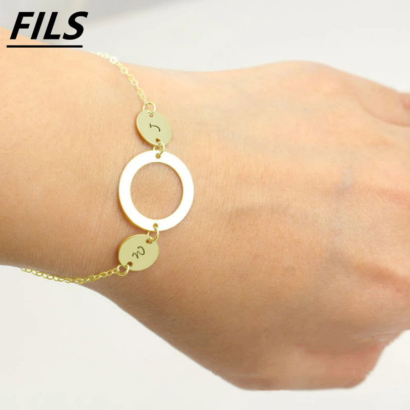 Women Round Pendant Bracelet Initials Stainless Steel Chain Jewelry