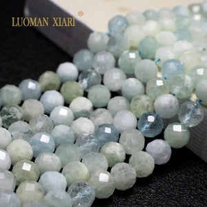 100% Natural Faceted Aquamarine Round Stone Beads for DIY Bracelet 15''
