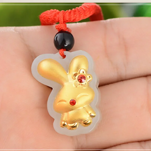 24K Yellow Rabbit Pendant with Red Gemstone Natural Jade Men Women Lover Gift