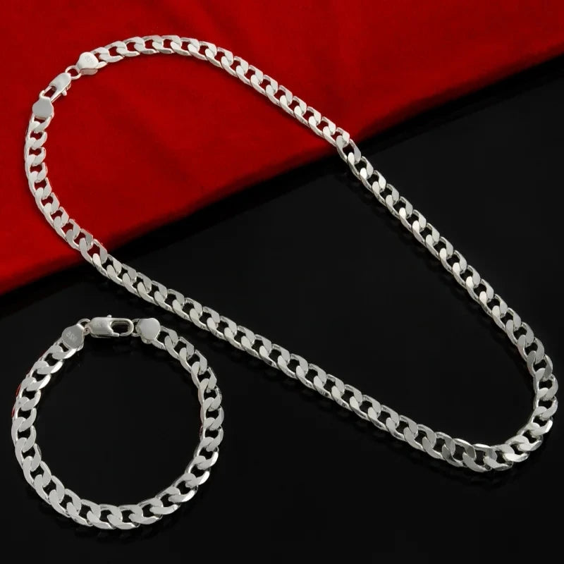 925 Silver Geometry Chain Bracelet Necklace Set Wedding Gift