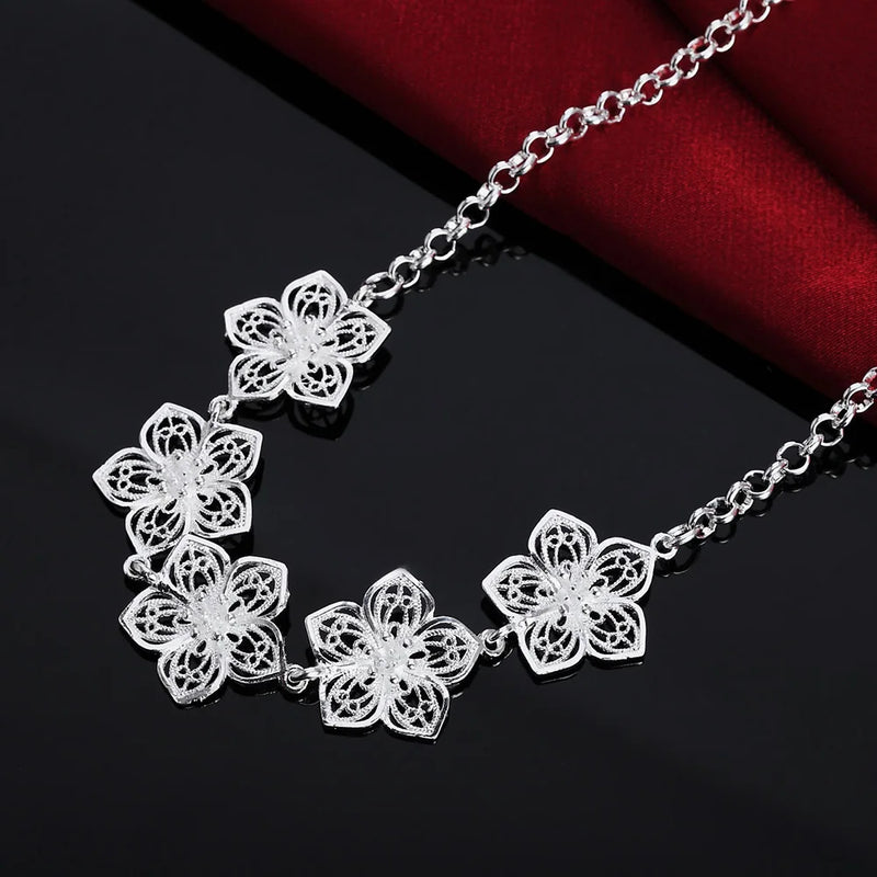 925 Silver Flowers Pendant Necklace For Women Party Wedding Jewelry