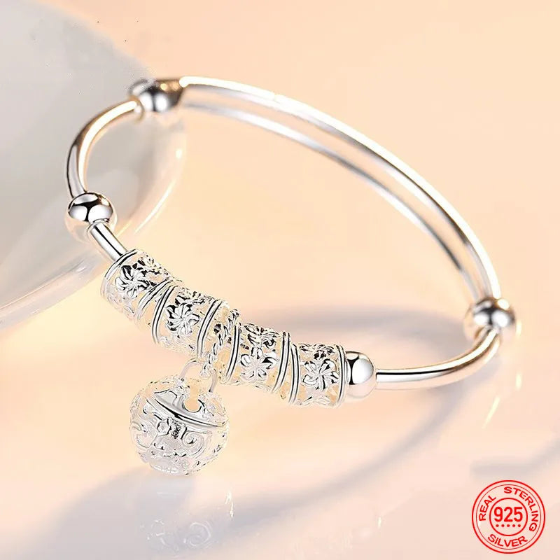 925 Silver Bells Ball Bangles Bracelets Women Party Wedding Jewelry