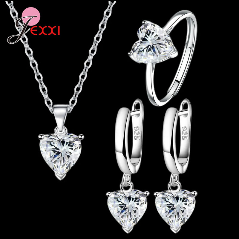925 Silver Heart Zircon Gift Set for Women: Earrings, Necklace, Ring - 5 Colors
