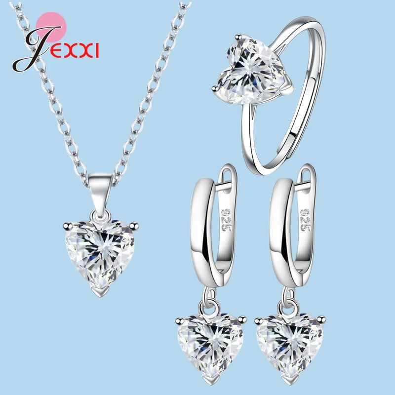 925 Silver Jewelry Gift Set Romantic Heart Zircon Earrings Necklace Ring