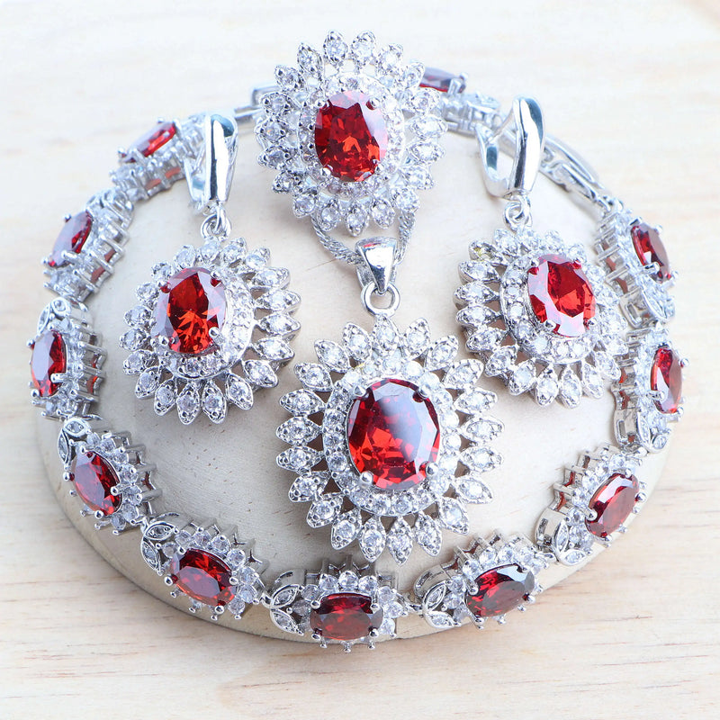 925 Silver Red Zircon Wedding Jewelry Set