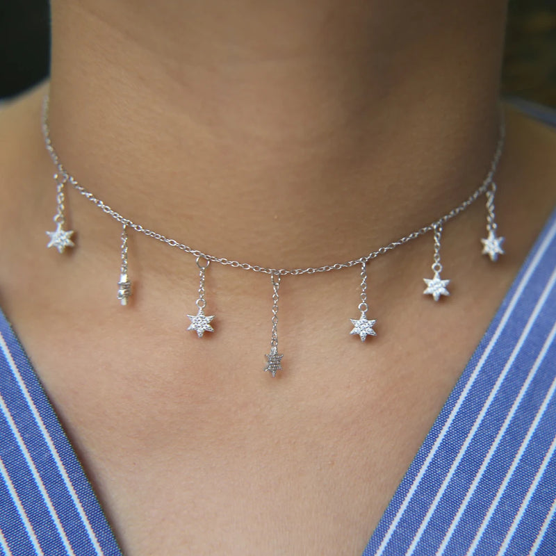 925 Silver Pendant Charm Star Necklace Cz Dainty Choker Tassel Women Jewelry