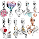 925 Silver Pink Enamel Cake Pendant Heart Charm Bracelet DIY Women's Gift