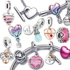 925 Silver Pink Enamel Cake Pendant Heart Charm Bracelet DIY Women's Gift