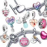 925 Silver Pink Enamel Cake Pendant Heart Charm Bracelet DIY Women's Gift