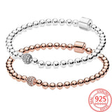 925 Silver Rose Barrel Buckle Beaded Pav? Bracelet