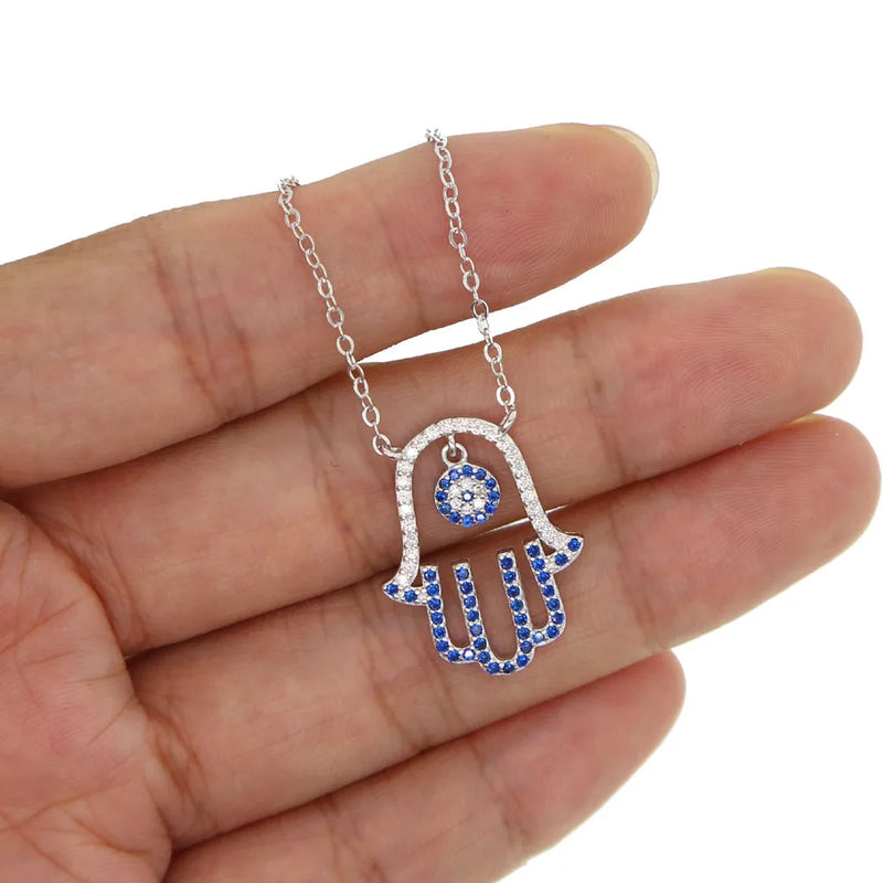 925 Silver Women Wedding Cz Luck Hamsa Hand Fatima Evil Eye Pendant Necklaces