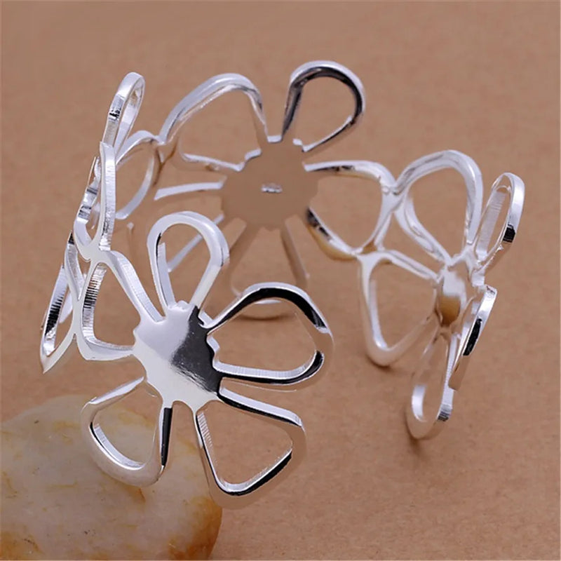 925 Sterling Silver Flower Bangle Bracelets for Women