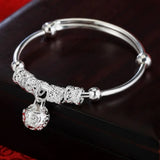 925 Sterling Silver Bells Ball Bangles Adjustable Bracelets Women Jewelry