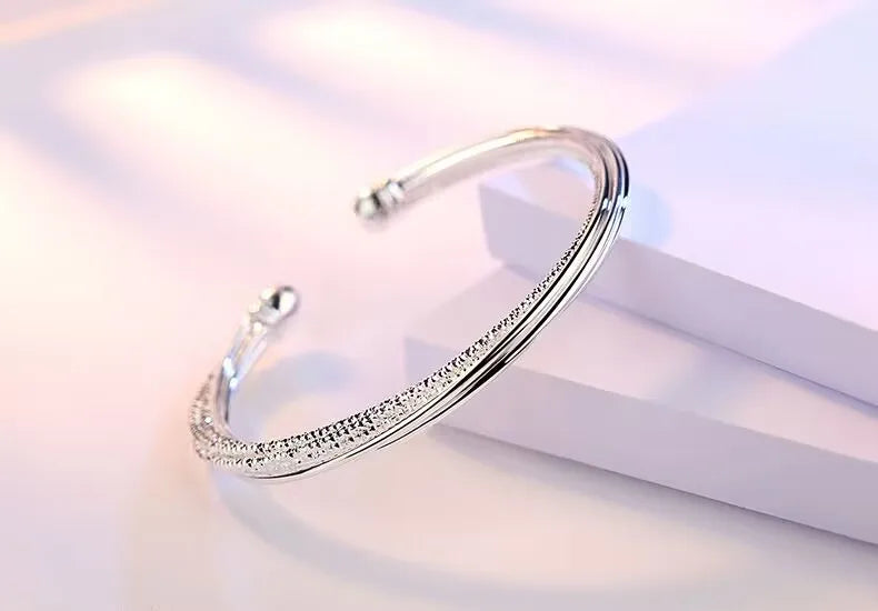 925 Silver Open Bead Bangle Bracelet Women Wedding Party Jewelry Charms
