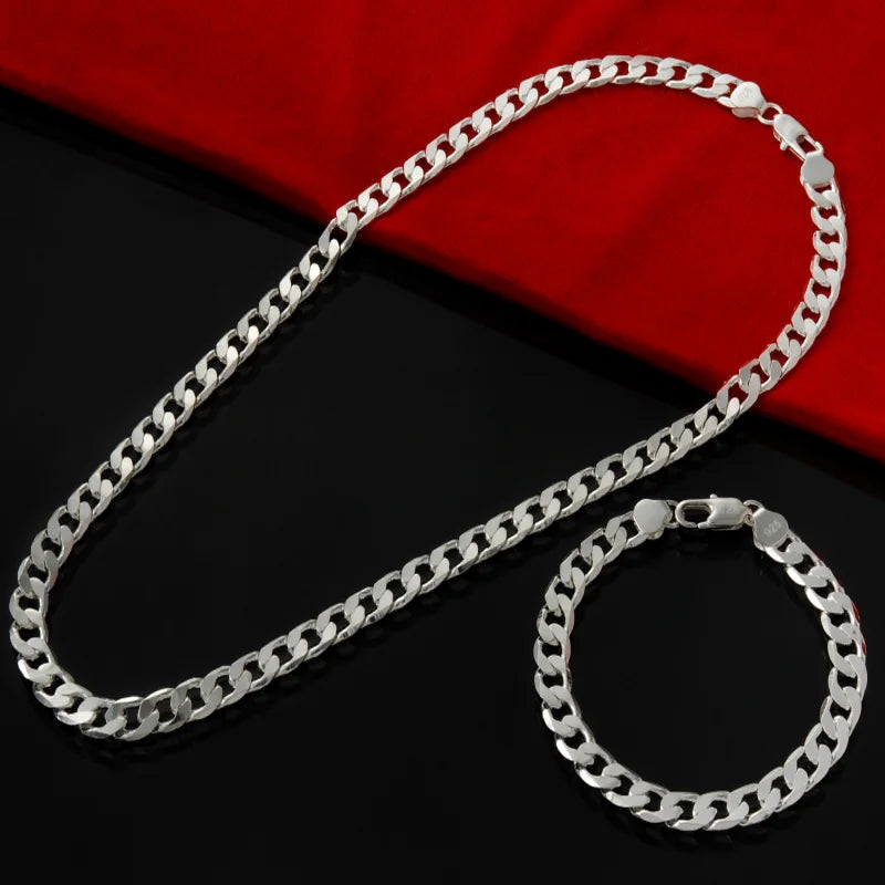 925 Silver 6MM Chain Bracelet Necklace Set for Wedding Party