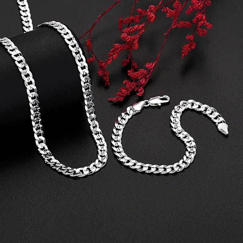 925 Sterling Silver 7MM Chain Bracelets Necklaces Set for Man Woman