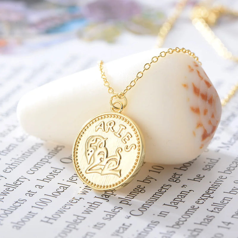 Zodiac Round Pattern Silver Pendant Necklace for Women