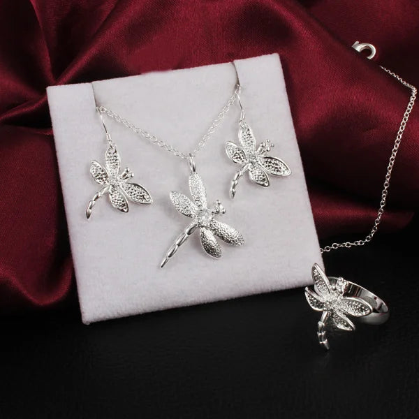 925 Silver Crystal Dragonfly Pendant Necklace Earrings Rings Set