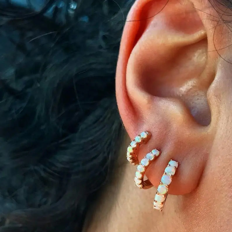 925 Silver Opal Stone Mini Huggie Hoops