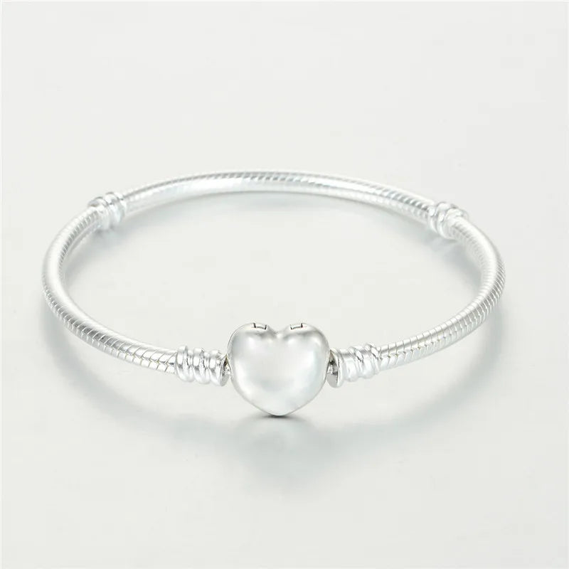925 Sterling Silver Snake Chain Heart Clasp Bracelet