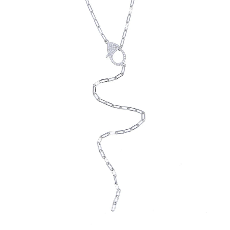 925 Silver CZ Lobster Clasp Paper Clip Chain Lariat Necklace