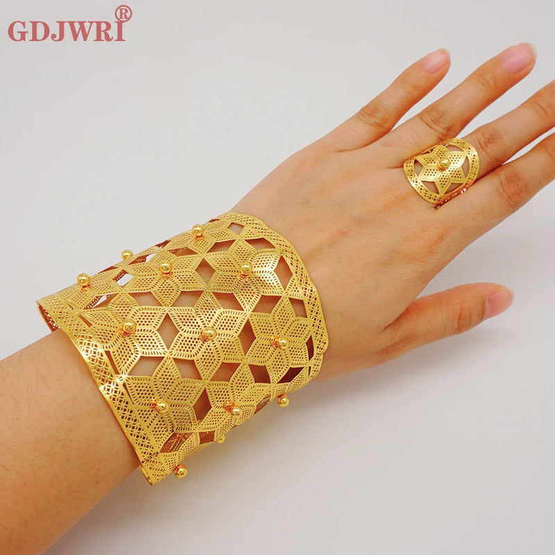 Dubai Chain Cuff Flower Bangle Ring Set for Women