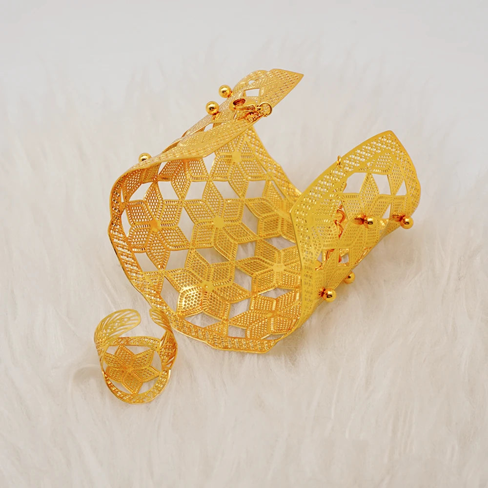 Dubai Chain Cuff Flower Bangle Ring Set for Women