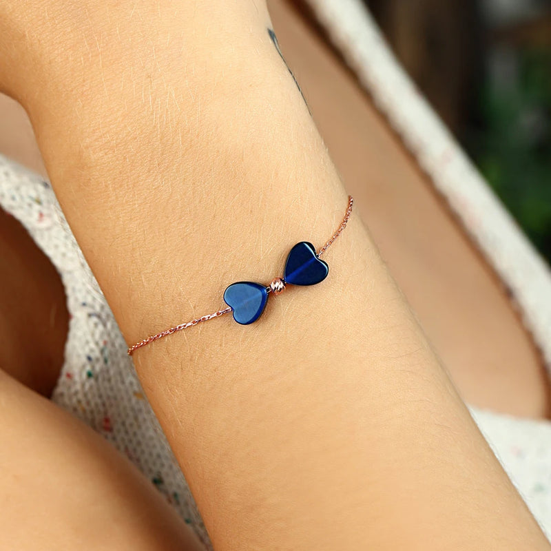 Heart Shape Rose Plated 925 Silver Chain Bracelet with Cat Eye