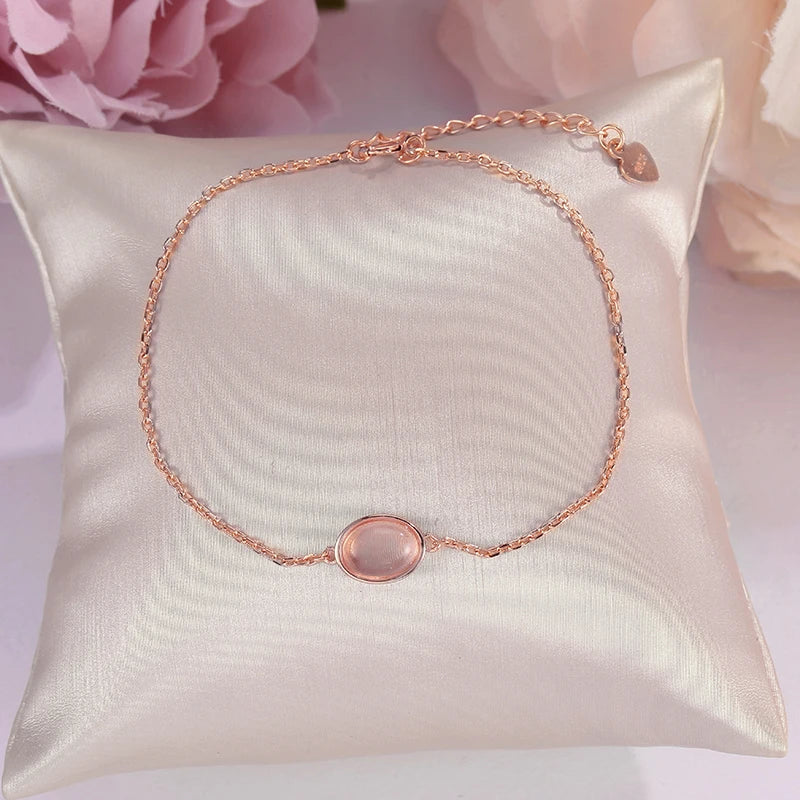 Silver Bracelet Women Rose Quartz Oval Pink Gemstone Charm CCHI023