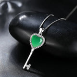 925 Silver Heart Key Emerald Pendant Necklace Woman Charm Jewelry