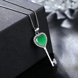 925 Silver Heart Key Emerald Pendant Necklace Woman Charm Jewelry
