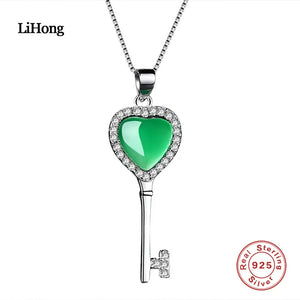 925 Silver Heart Key Emerald Pendant Necklace Woman Charm Jewelry