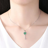 925 Silver Heart Key Emerald Pendant Necklace Woman Charm Jewelry
