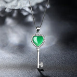925 Silver Heart Key Emerald Pendant Necklace Woman Charm Jewelry
