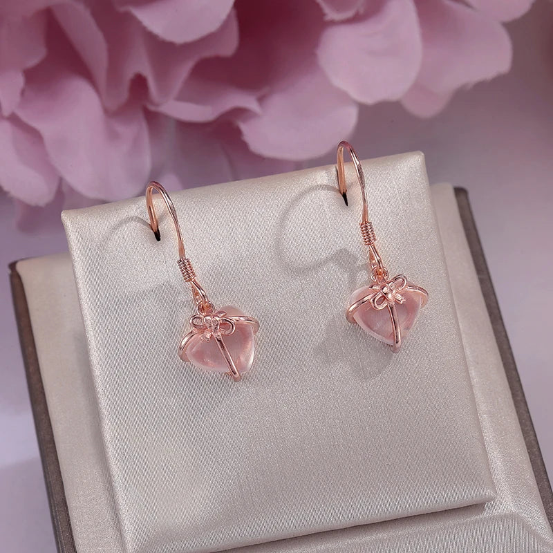 925 Silver Drop Earrings Women Rose Quartz Heart Love Brincos