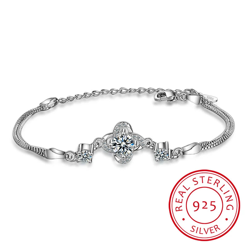 Sterling Silver Crystal Clover Charm Bracelet