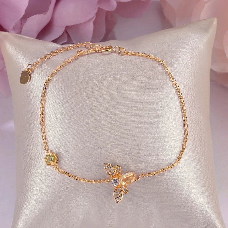 925 Silver Citrine Bee Gemstone Bracelet Lovely Bijouterie