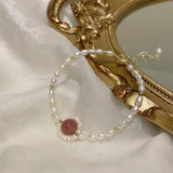 Freshwater Pearl Strawberry Crystal Rainbow Moonstone Bracelet