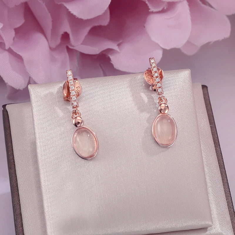 S925 Silver Drop Earrings Natural Rose Quartz Oval Wedding Brincos
