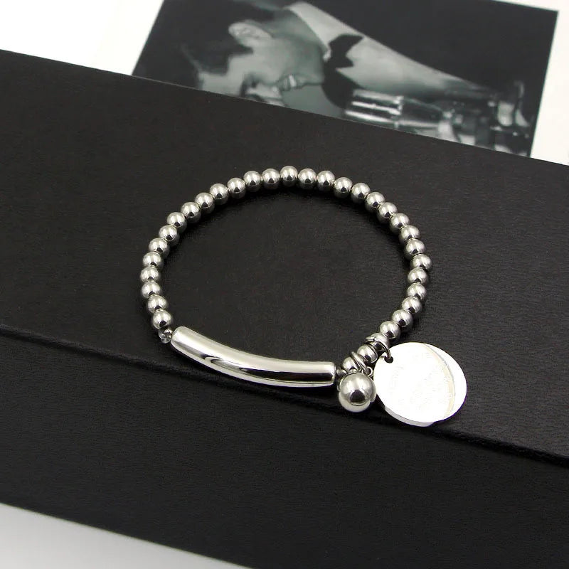 Stainless Steel Ball Beads Bracelet Women Circle Tag Charm