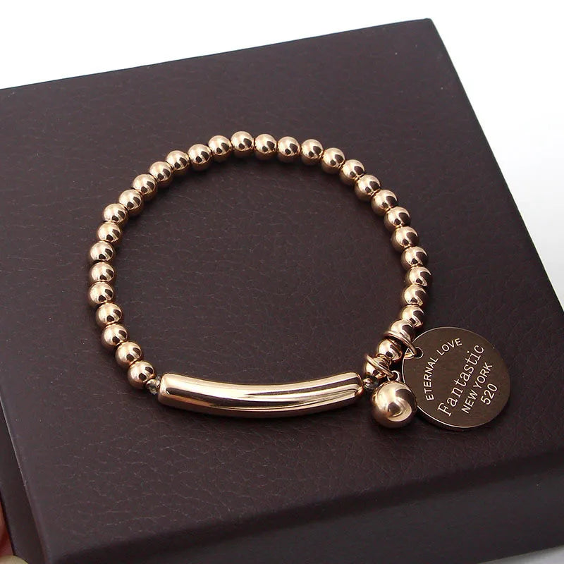 Stainless Steel Ball Beads Bracelet Women Circle Tag Charm