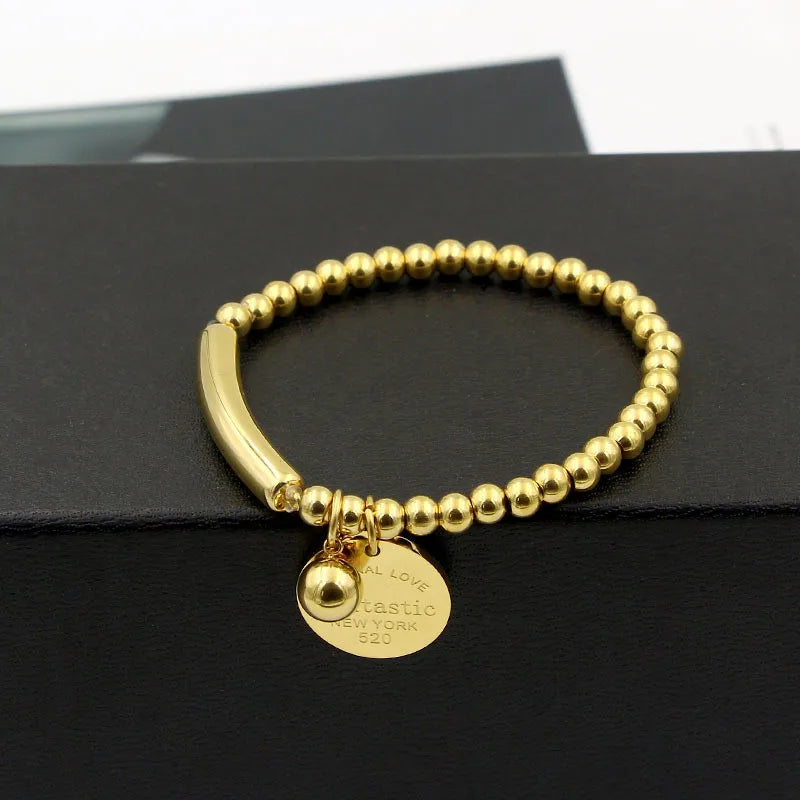 Stainless Steel Ball Beads Bracelet Women Circle Tag Charm