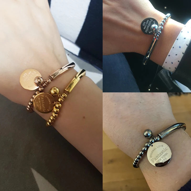 Stainless Steel Ball Beads Bracelet Women Circle Tag Charm